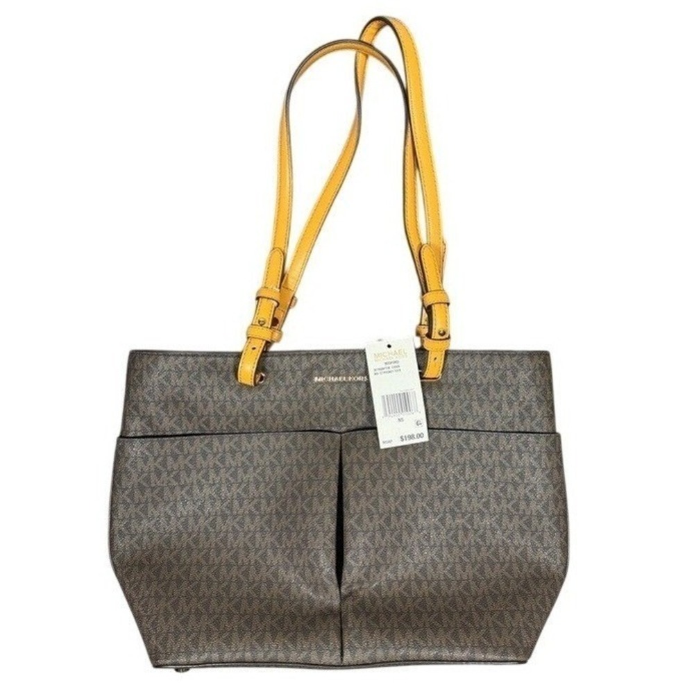 Michael Kors Bedford Medium Top Zip Pocket Tote Brown Signature Logo Bag NEW